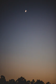 Crescent moon slowly rising on the horizon with soft orange hues.