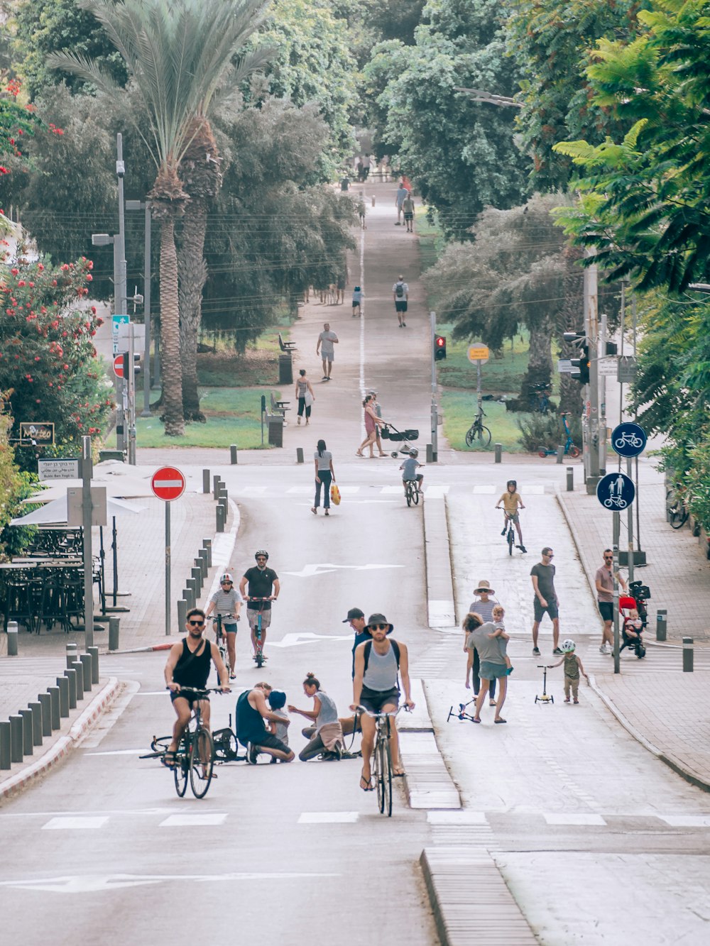 people riding bicycles on a street