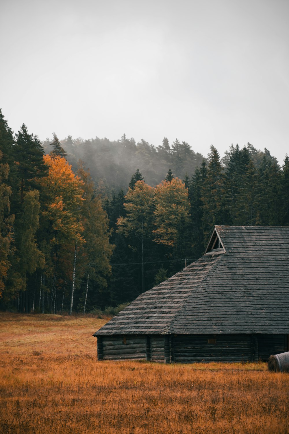 a wooden building in a field