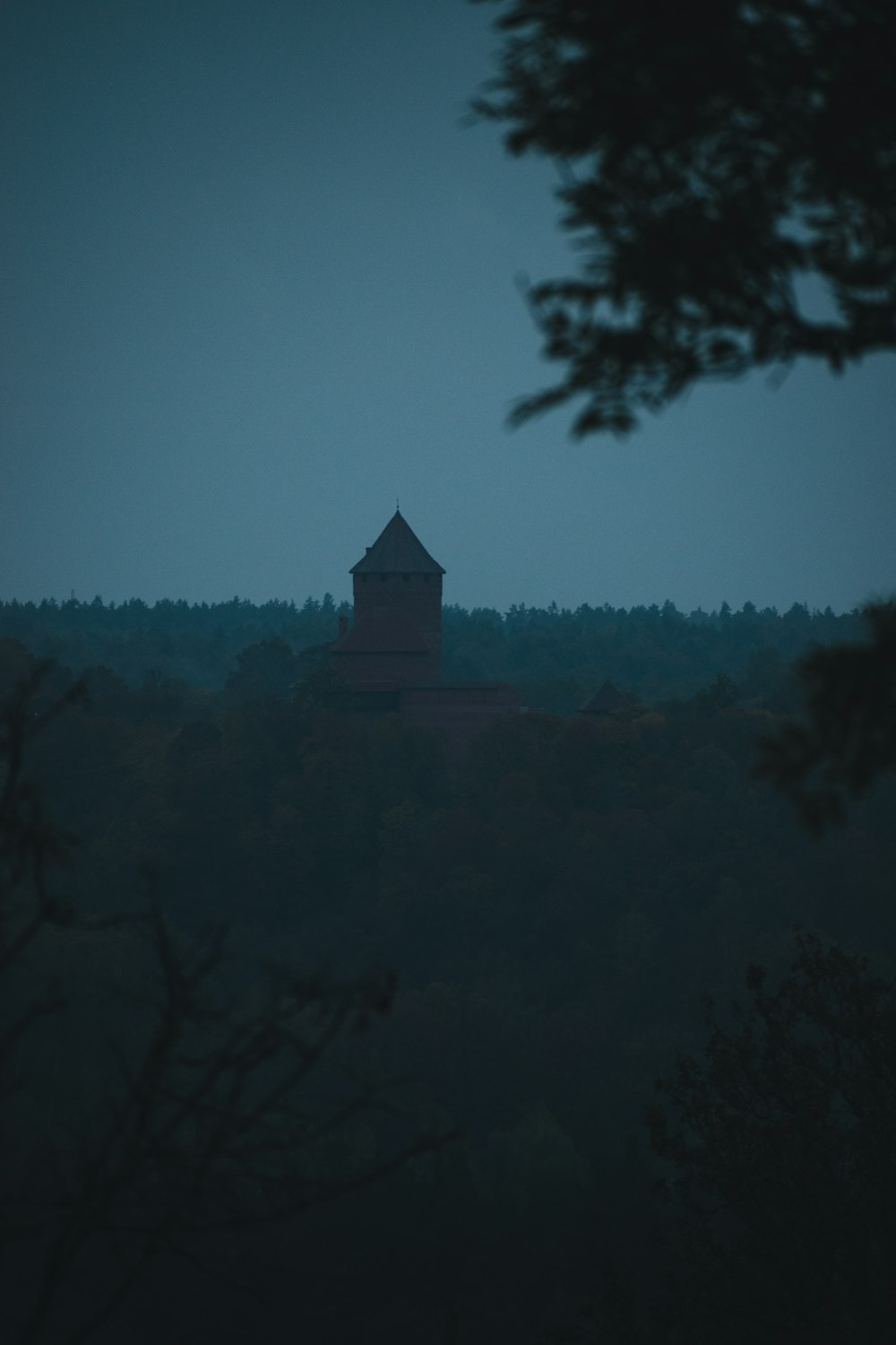 a stone tower in the middle of a forest