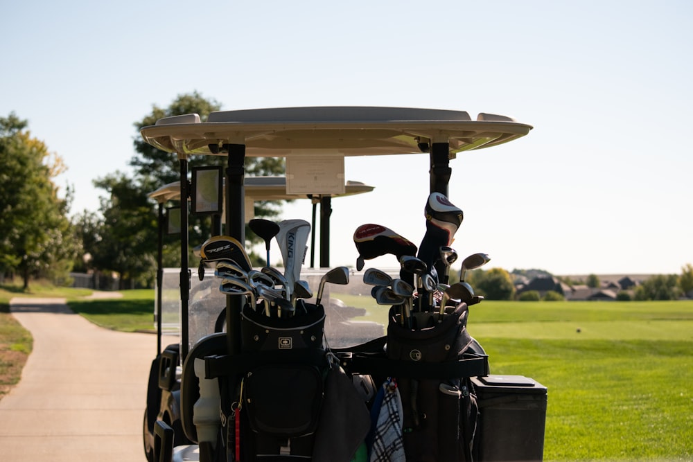 a golf cart with a golf bag