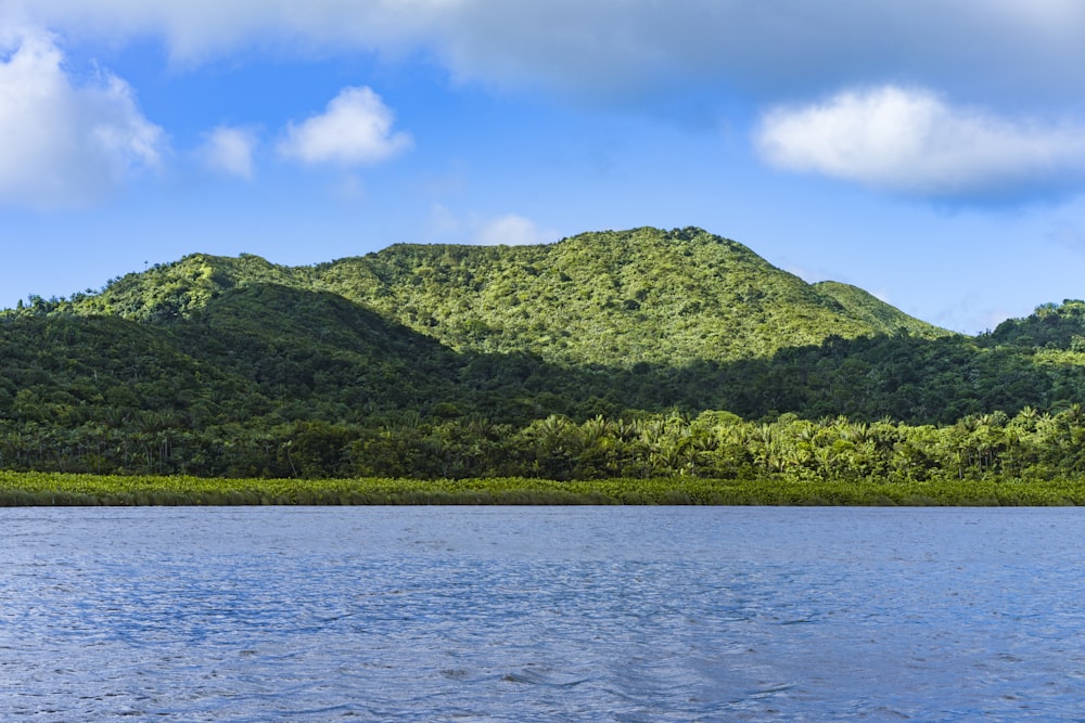 a body of water with trees and hills in the background