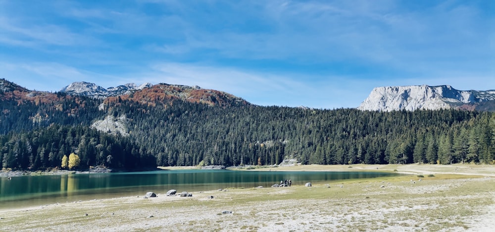 a lake with mountains in the background