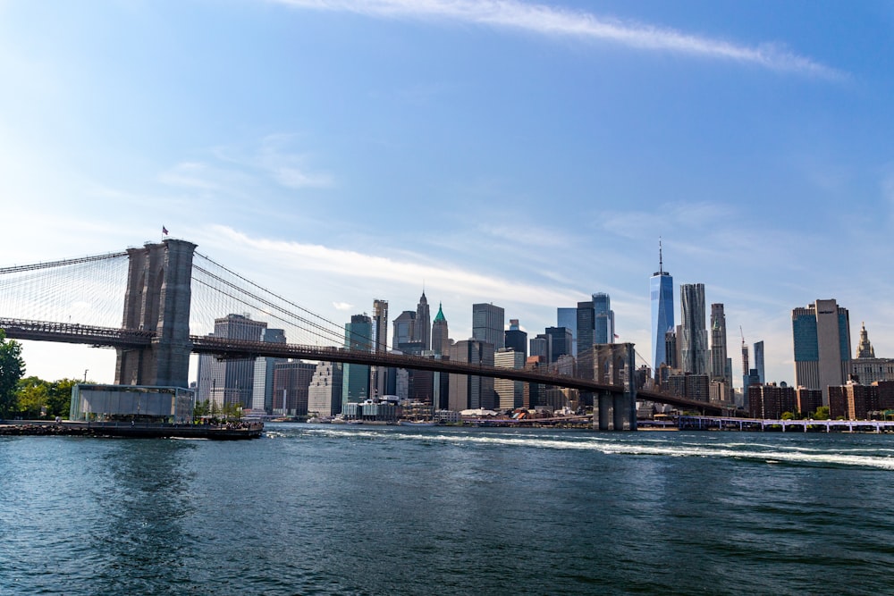 a bridge over a body of water with a city in the background