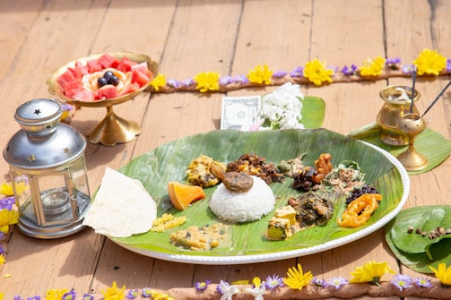 A warm, inviting South Indian feast beautifully arranged on banana leaves.