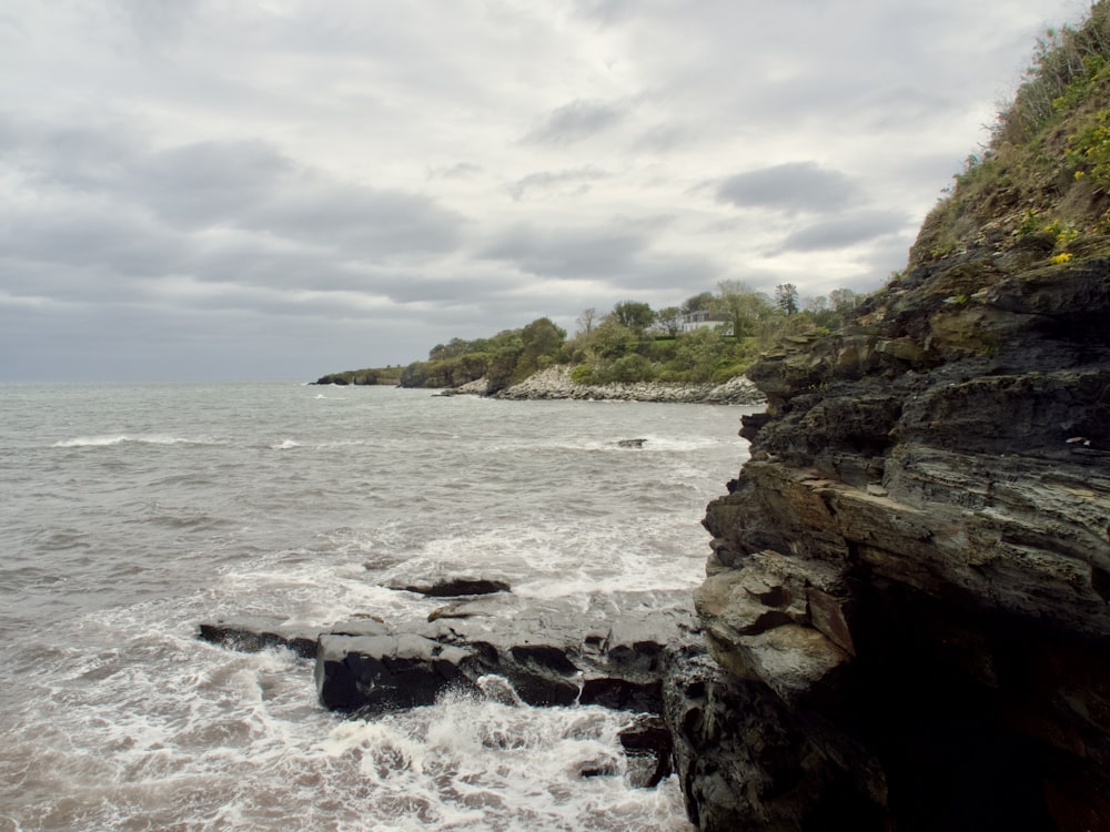 a rocky beach with a body of water and trees on the side