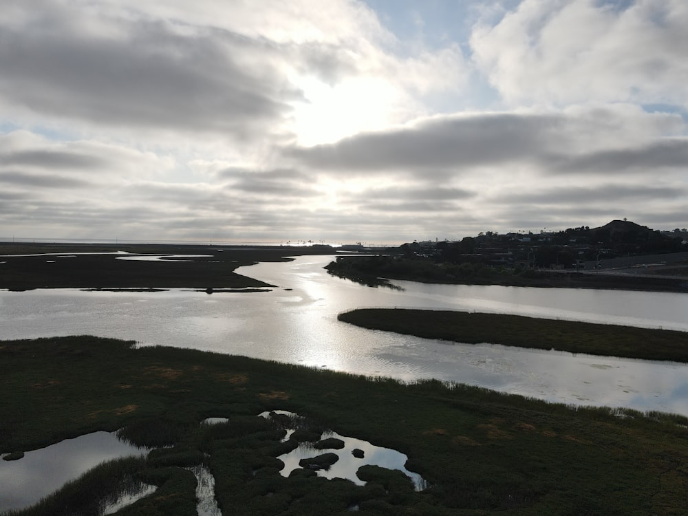 a body of water with land in the back