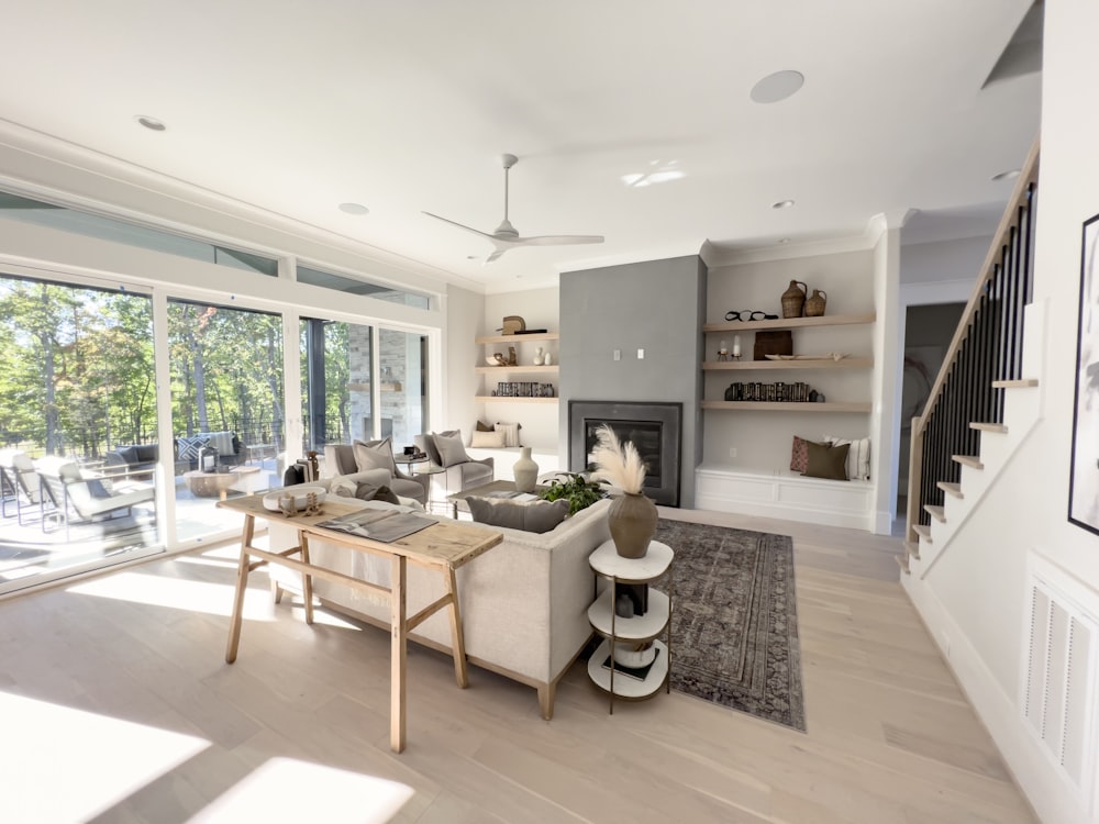 a living room with a fireplace