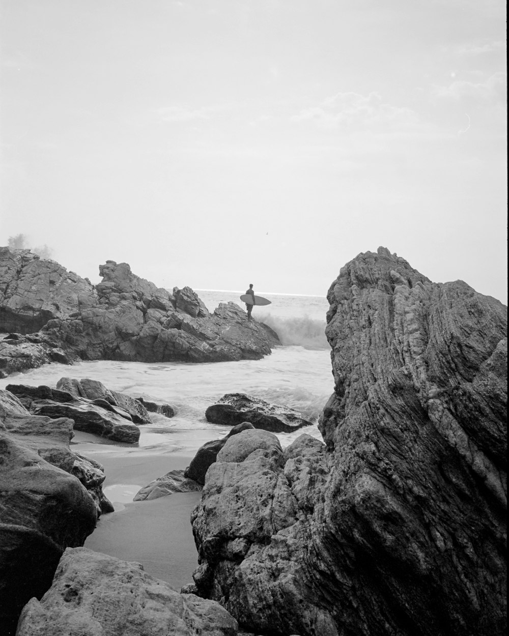 a person sitting on a rock in the water