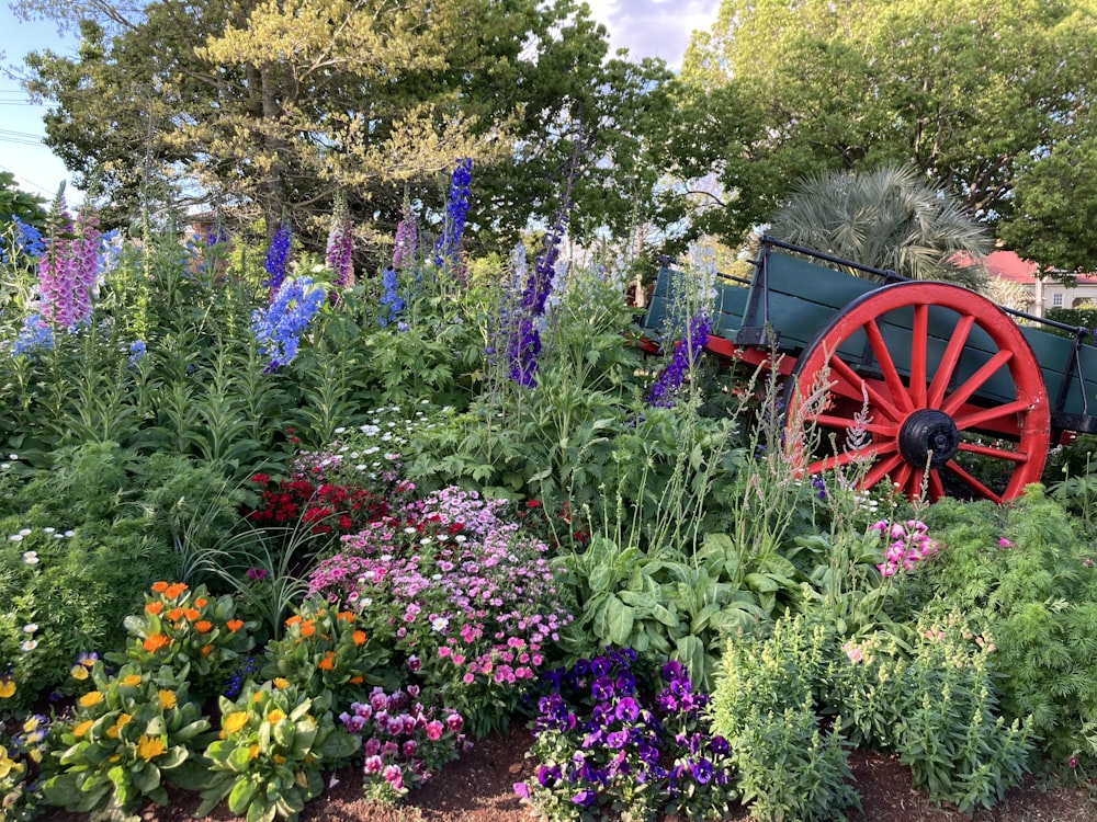a garden with flowers and a wagon