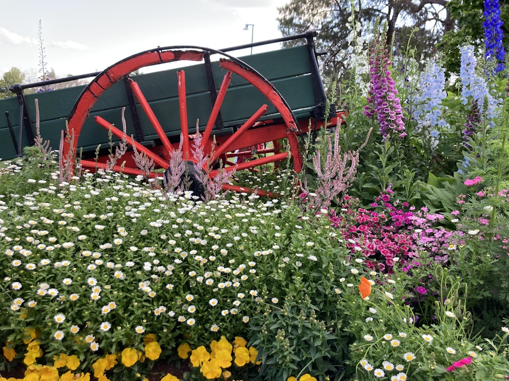a red wagon in a garden