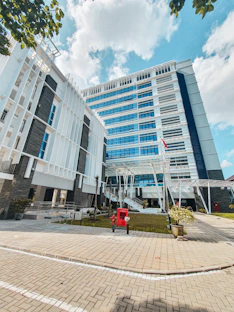 a building with a brick walkway