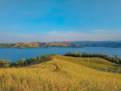 A serene landscape with gentle hills and a calm lake.