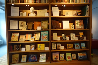 A large wooden bookshelf filled with a variety of vintage books and displayed items. The shelves are well-lit, showcasing numerous colorful book covers and some framed pages. A white sculpted bust is placed prominently among the books, adding a classical touch. Informational placards are neatly arranged alongside the books, providing context or descriptions.