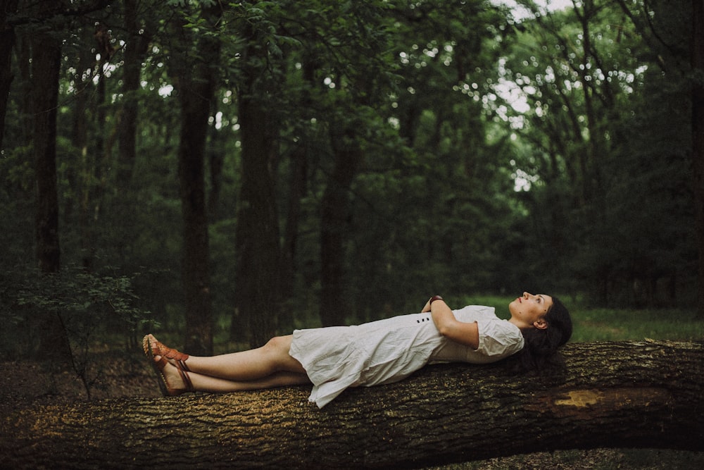 a person lying on a log in the woods