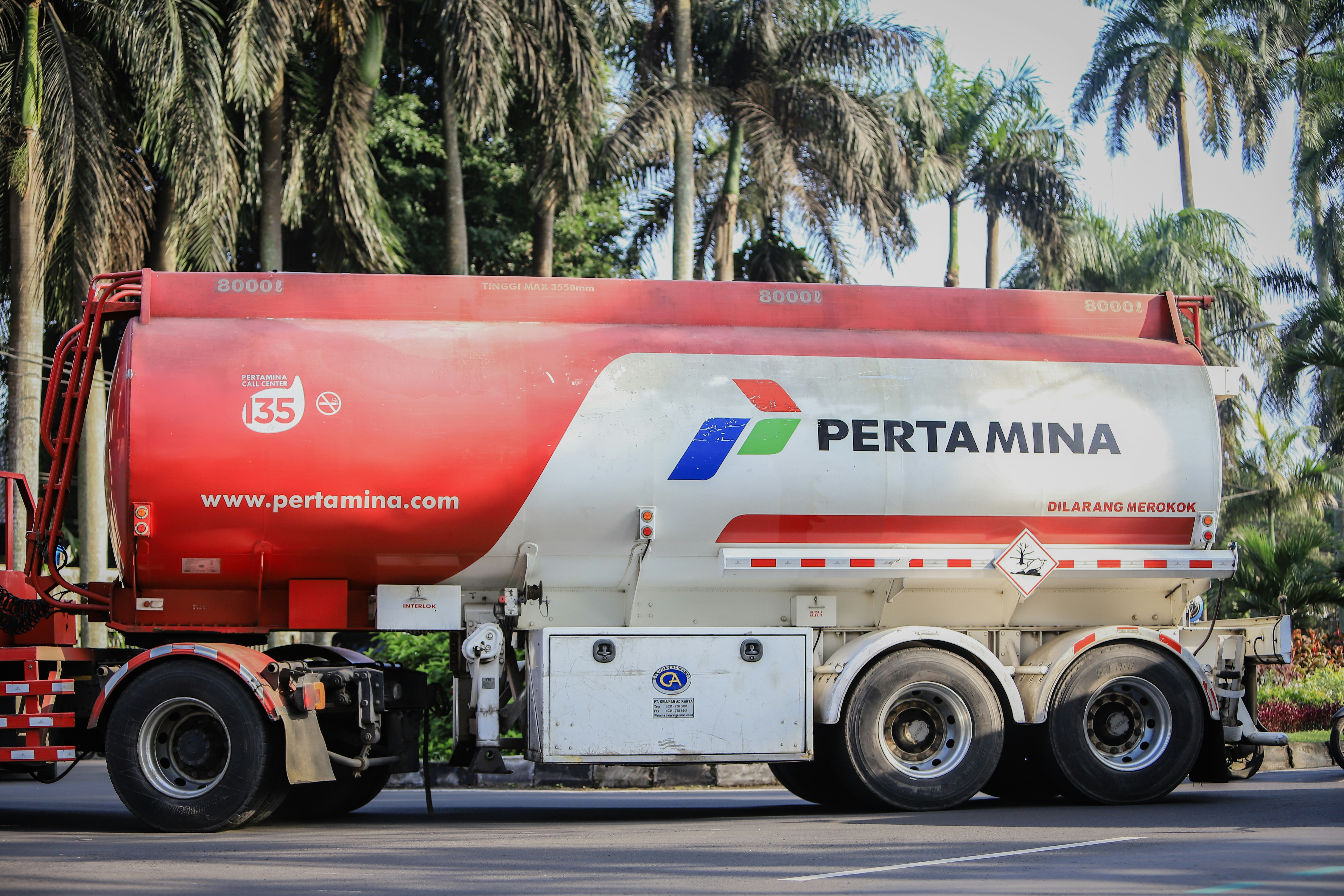 Pertamina fuel tank truck on the road in Idjen Boulevard, Malang, Indonesia.
