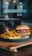 A vibrant plate of fast food featuring colorful burgers and fries.