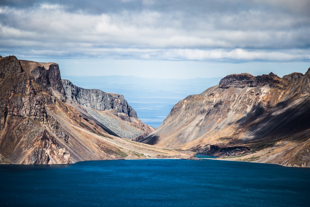 a body of water with mountains around it