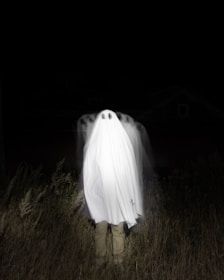 a person standing in a field with a large white object in the back