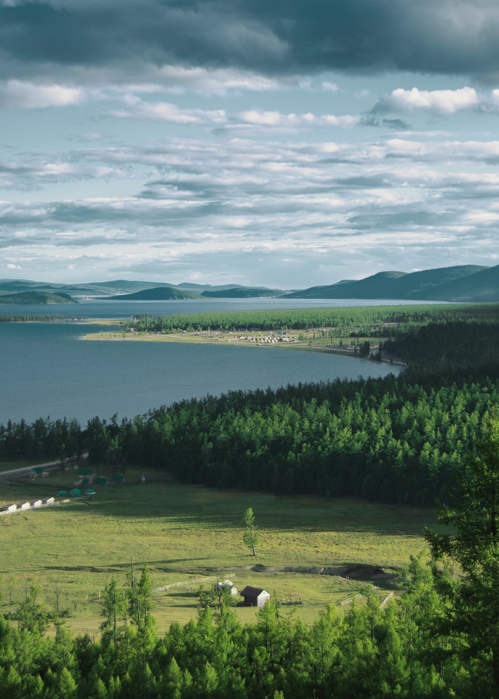 a lake surrounded by trees and grass