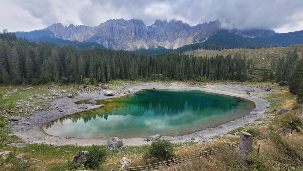 a lake surrounded by trees and mountains