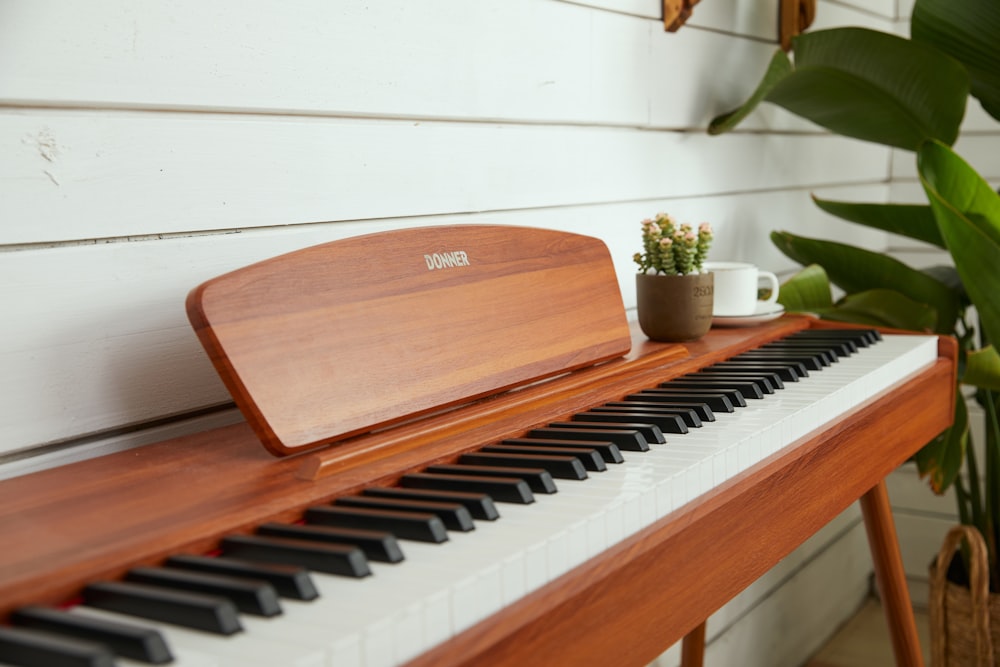 a piano with a plant on the side