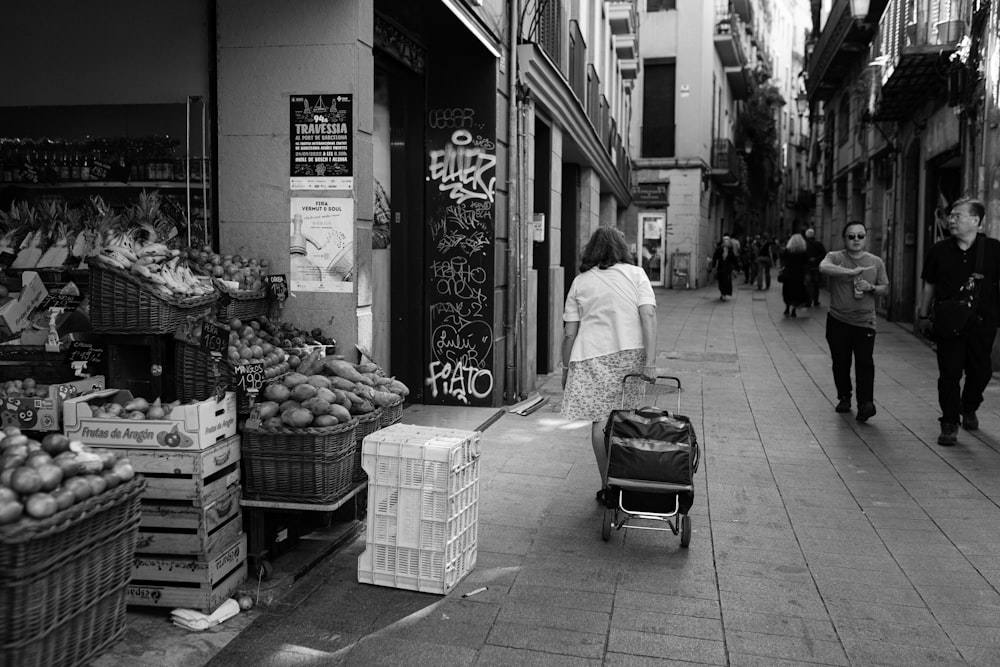 a person pushing a stroller on a sidewalk