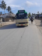 A small bus with a green sign on top indicating route number and destination is traveling down a paved road. Palm trees and simple structures with corrugated roofs line the sides of the road. A person is walking along the road carrying items, and another vehicle follows in the distance. The sky is partly cloudy.