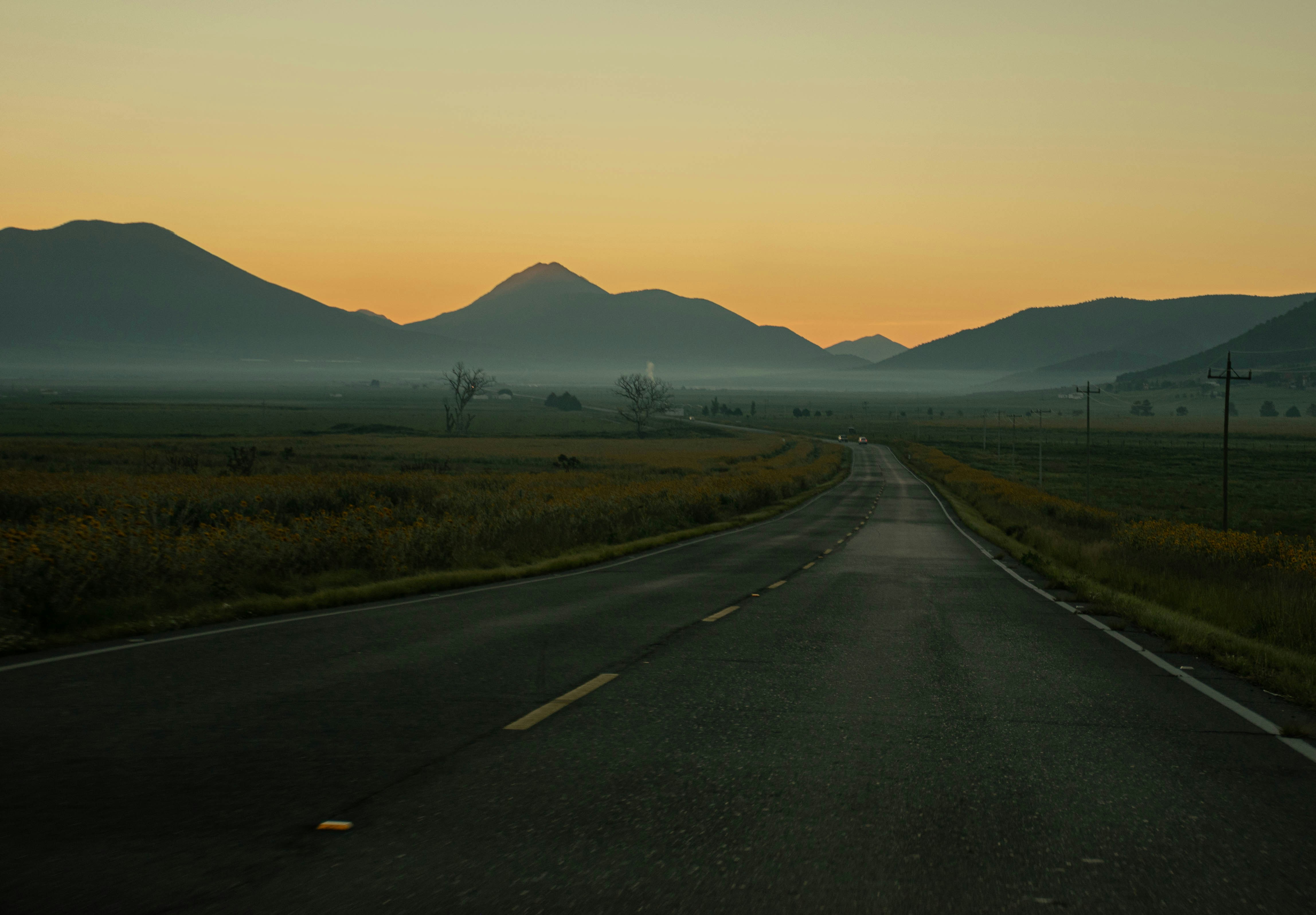 a road with grass and hills on the side