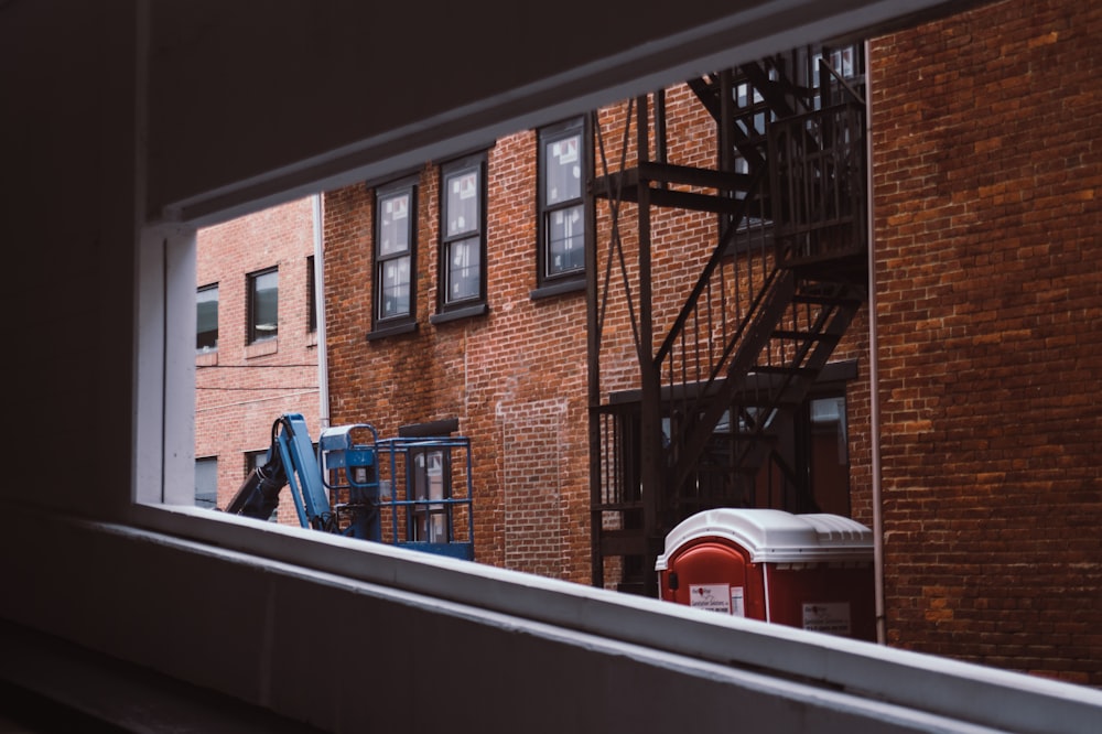 a brick building with a staircase