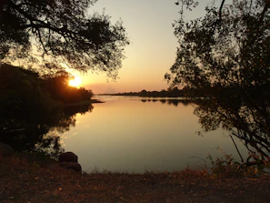A serene lakeside sunset in the United States with golden light reflecting on calm water.