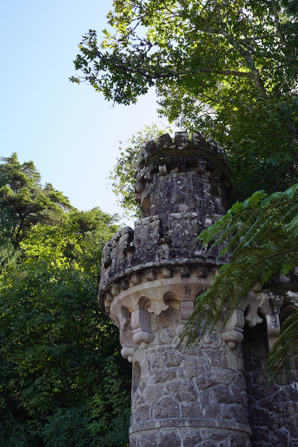 a stone tower with a tree in the background