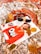 A magazine cover featuring a person wearing a red sweater with the word 'Oui' is placed on a patterned fabric. Surrounding the magazine are autumn leaves, a pair of sunglasses, a lipstick, and a small perfume bottle, creating a cozy, fall-themed aesthetic.