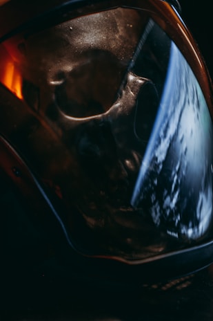 Close-up of a USC conscript's helmet, reflecting the cold neon glow of a sprawling utopian cityscape.