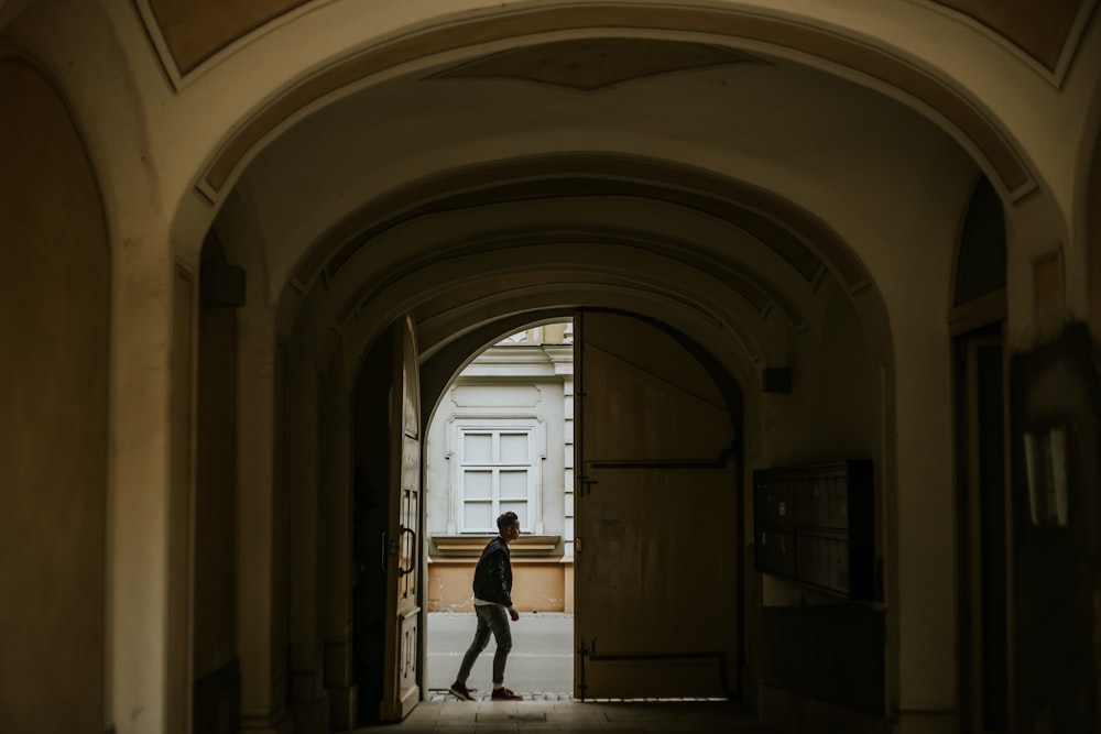 a person walking through a building