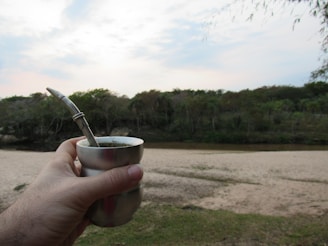 A hand holding a metal cup containing a drink with a metal straw, against a backdrop of a sandy area, a river, and a dense forest under a partly cloudy sky.