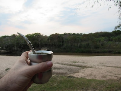 A hand holding a metal cup containing a drink with a metal straw, against a backdrop of a sandy area, a river, and a dense forest under a partly cloudy sky.