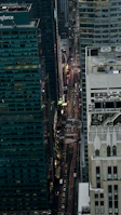 An aerial shot captured by a drone of a bustling city landscape symbolizing wide-reaching marketing impact.