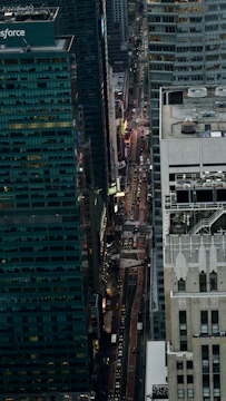 Aerial shot of a drone capturing a vibrant city skyline