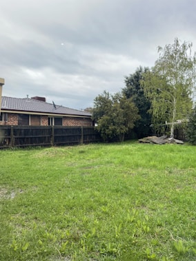 A suburban backyard featuring a lush green lawn, bordered by a wooden fence and a few trees. In the background, there is a brick house with a tiled roof. The sky is overcast, giving a calm and quiet atmosphere.