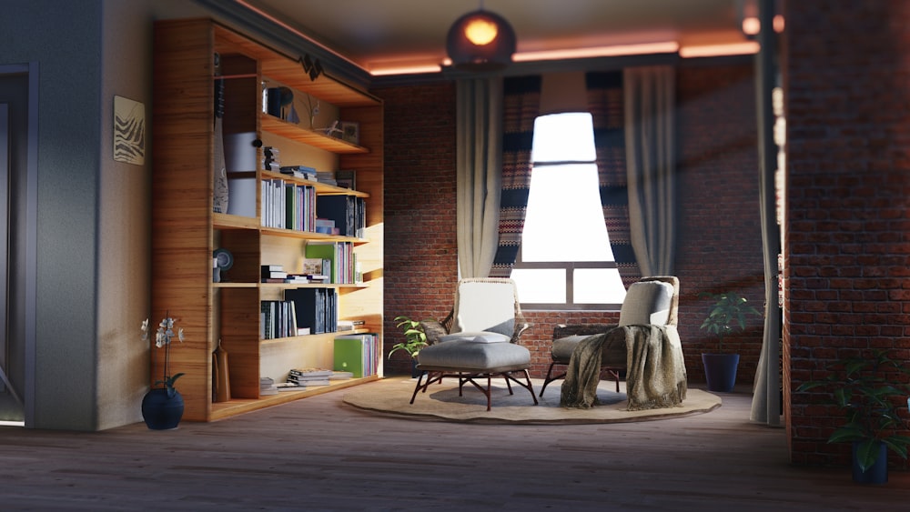 a room with a chair and a shelf with books on it