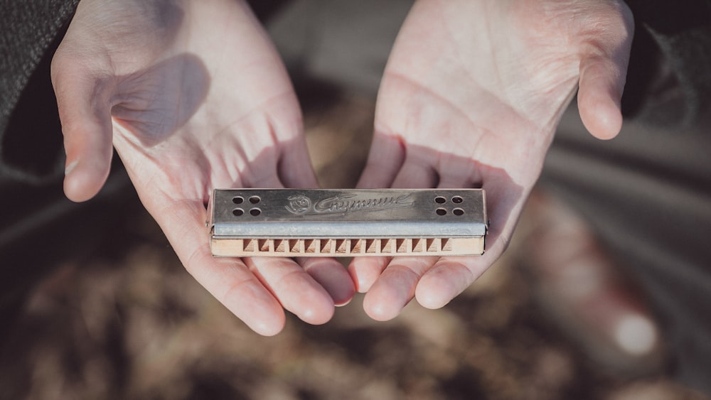 a person holding a small metal object