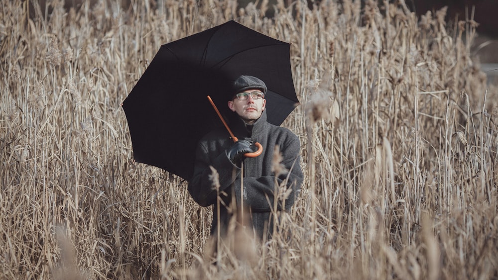a person holding an umbrella in a field