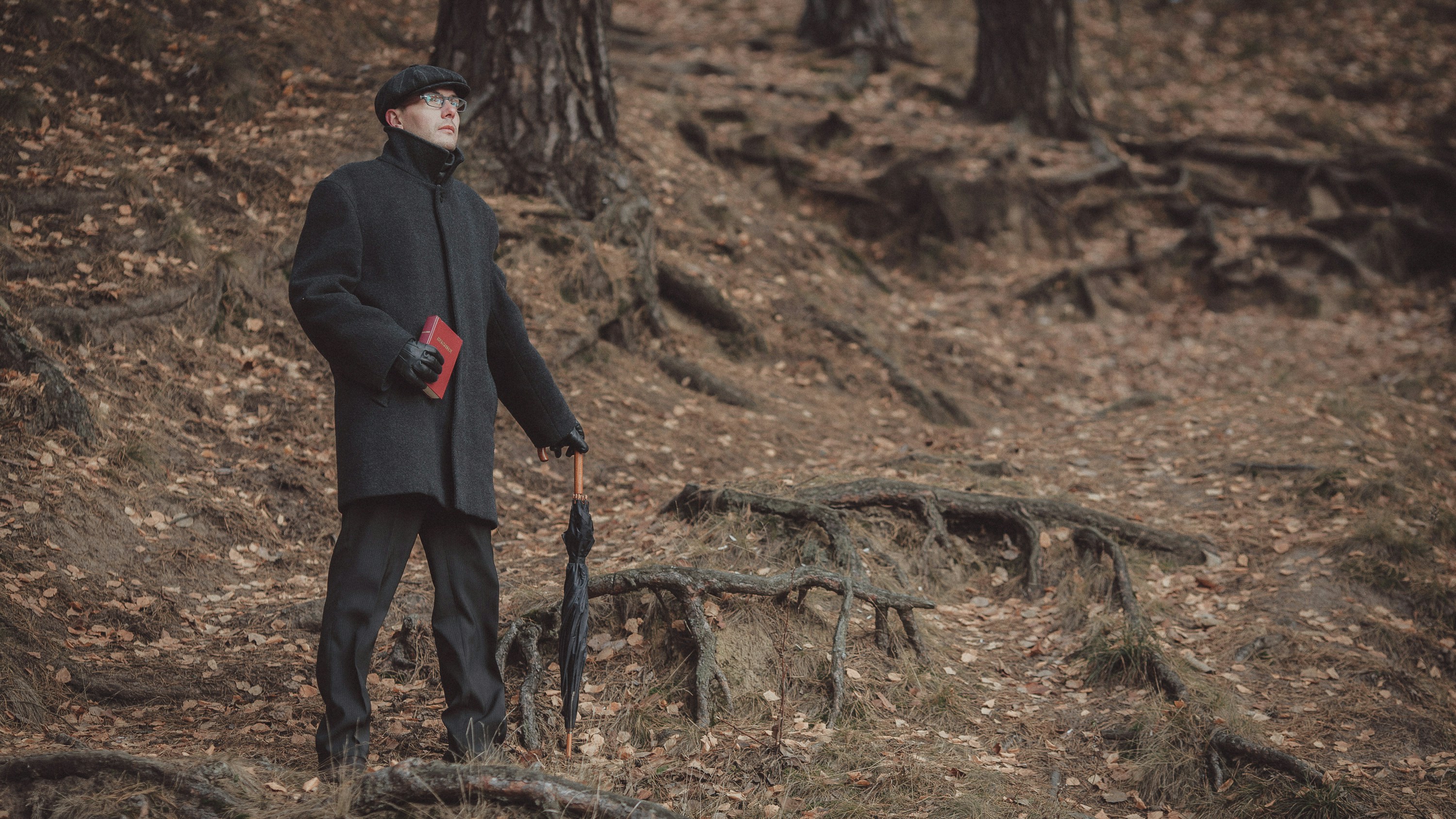 a man walking in the woods
