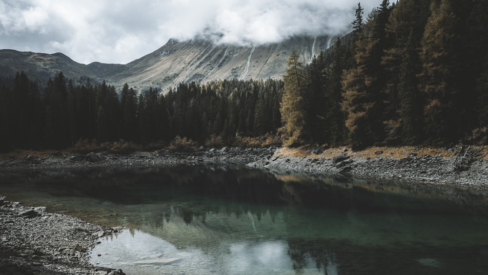 a lake with trees and mountains in the background