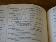 A close-up view of an open book, displaying a section from a religious text. The left page contains verses with numbered lines, and the text discusses wisdom, guarding one's speech, and consequences of arrogance and laziness.