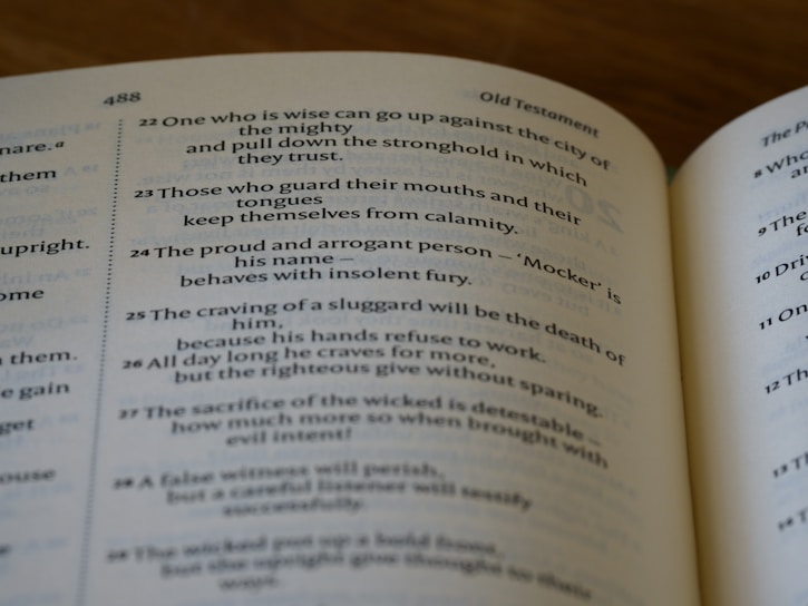 A close-up view of an open book, displaying a section from a religious text. The left page contains verses with numbered lines, and the text discusses wisdom, guarding one's speech, and consequences of arrogance and laziness.