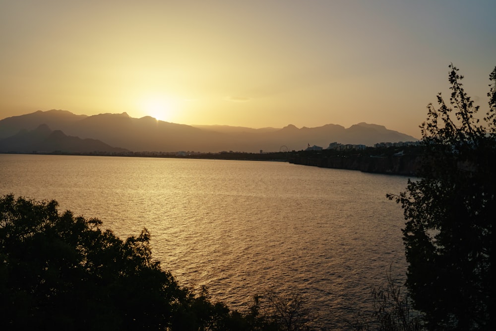 a body of water with trees and mountains in the background