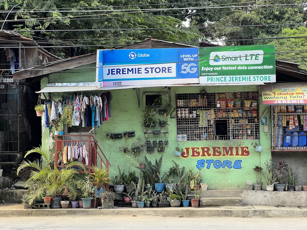 a store front with signs