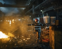 A worker wearing protective gear and a red helmet is managing a rod near a glowing furnace or large fire inside an industrial setting. The environment is filled with smoke and dim lighting, illuminating piles of metal scrap and heavy machinery in the background.